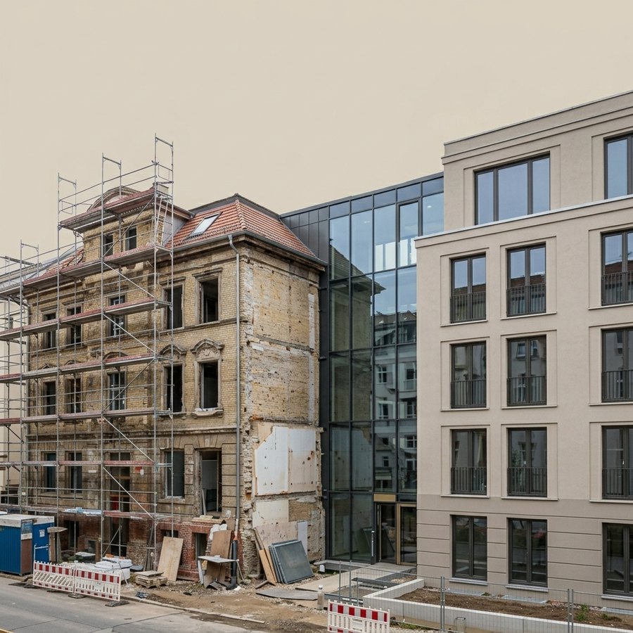 Altbau im Sanierungsprozess neben einem Neubau