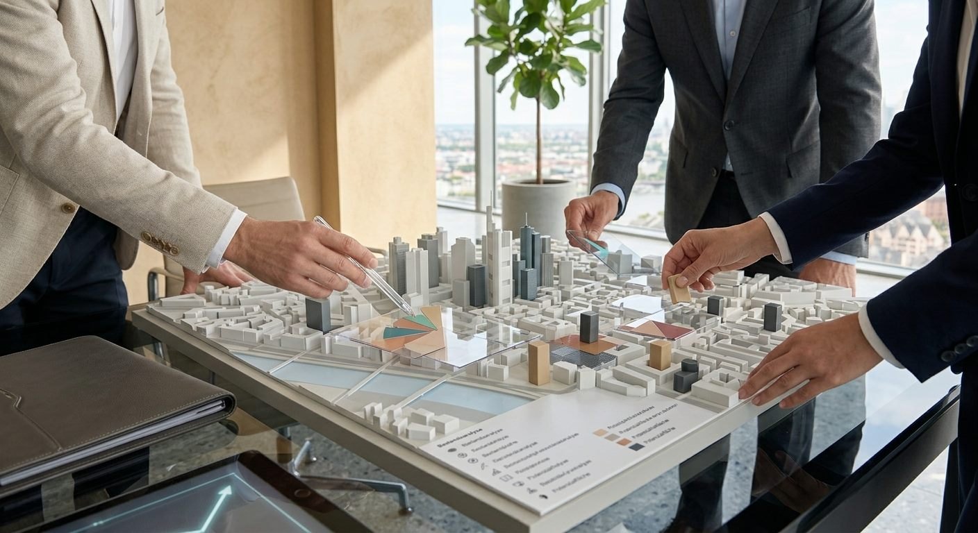 Investoren besprechen ein Stadtmodell am Tisch