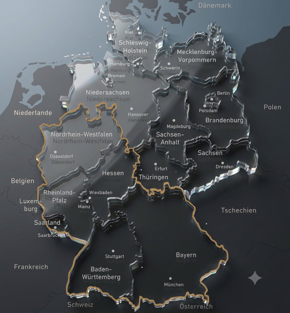 Deutschlandkarte mit hervorgehobenen Kernregionen in Süd- und Westdeutschland