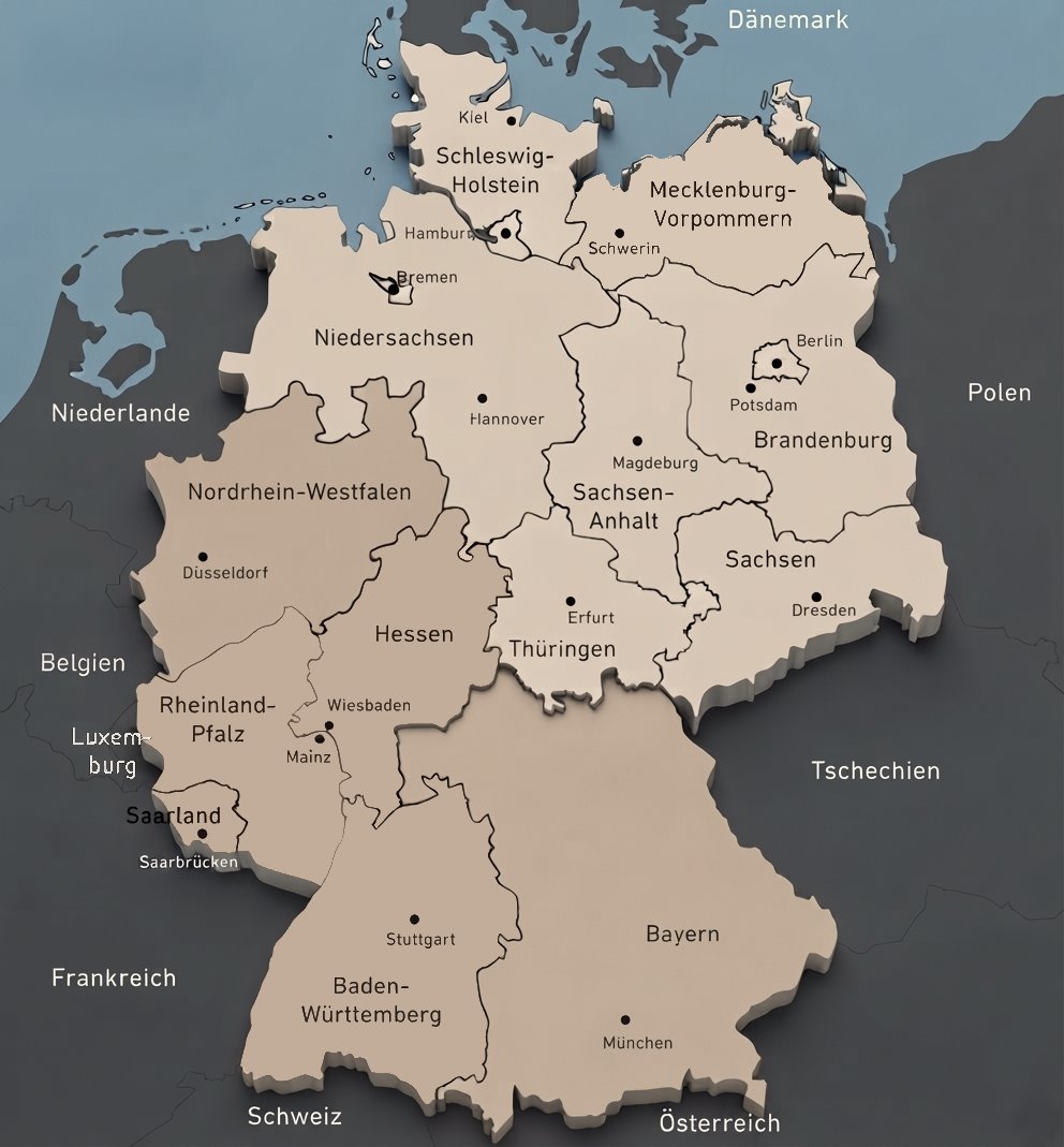 Deutschlandkarte mit den hervorgehobenen Kernregionen in Süd- und Westdeutschland