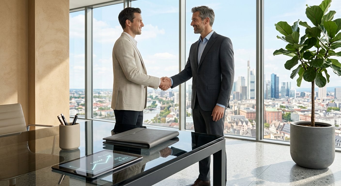 Vertrauensvoller Handschlag zweier Geschäftspartner vor der Skyline