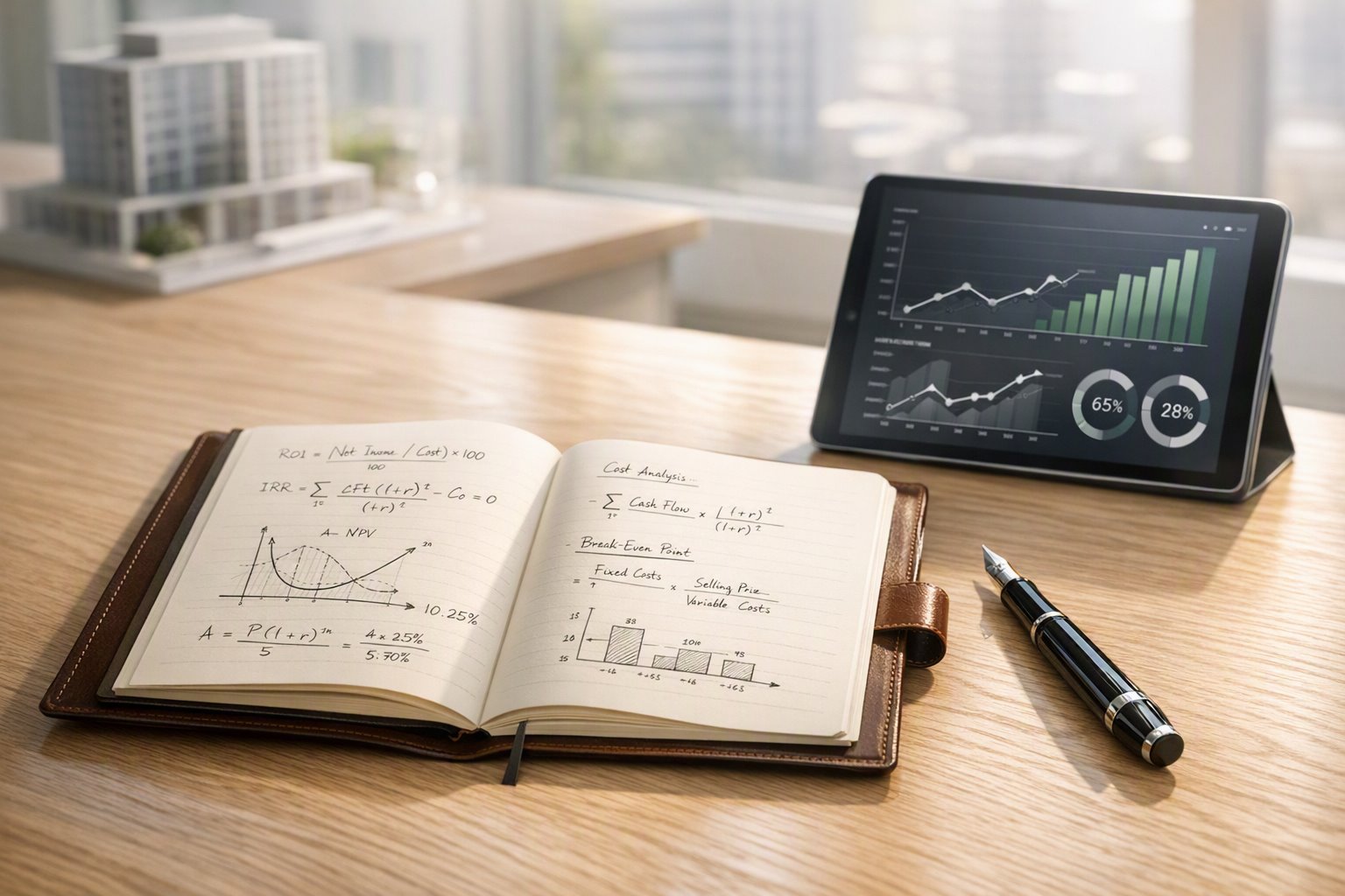 Notizbuch mit Finanzierungsberechnungen und Tablet mit Auswertungen