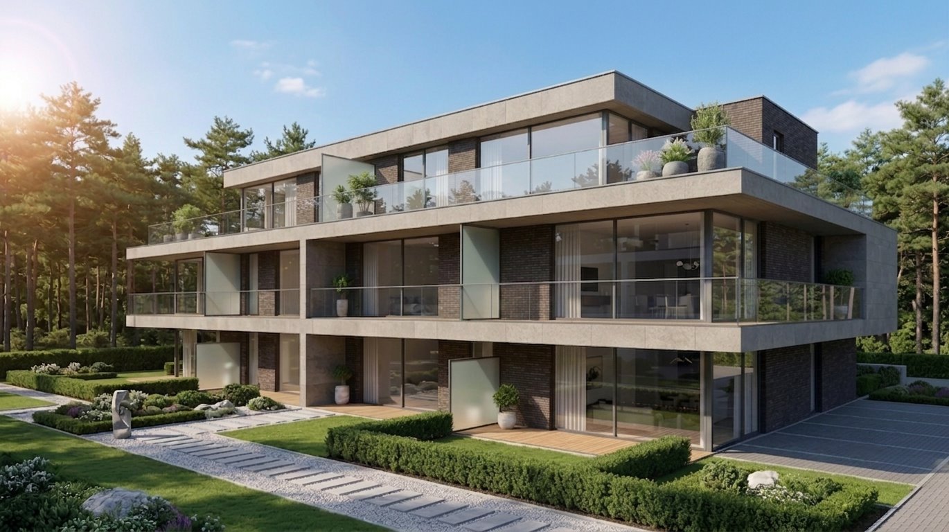 Modernes Mehrfamilienhaus mit begrünten Balkonen